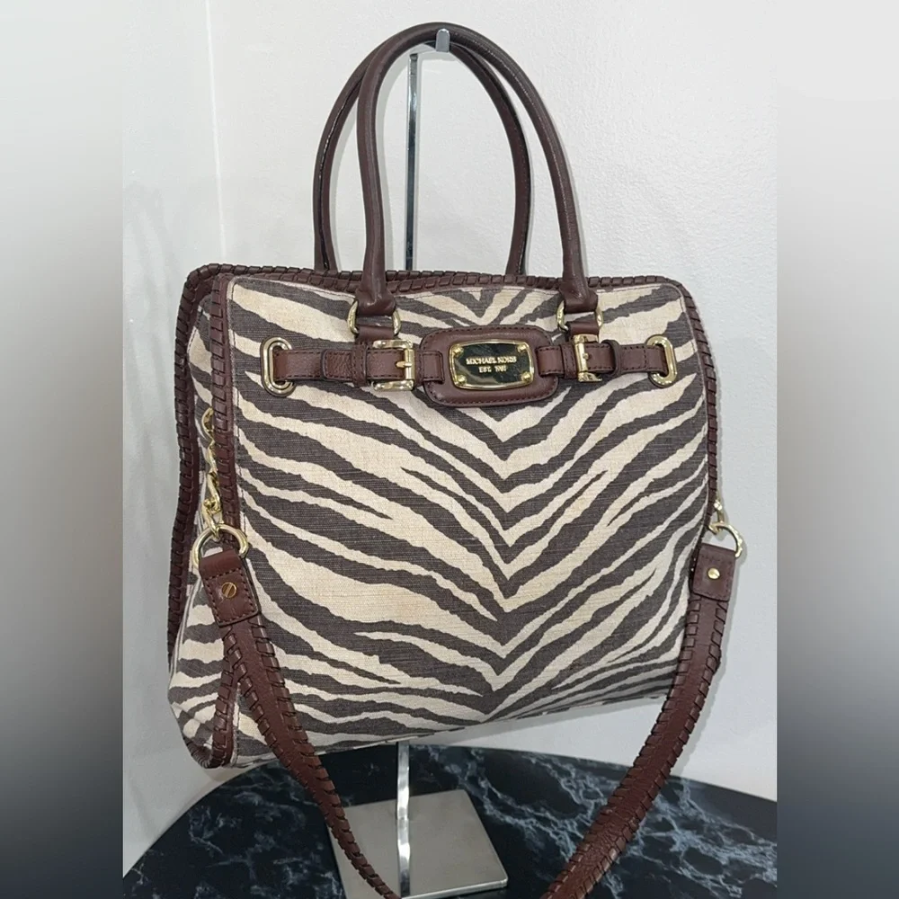 MICHAEL KORS Large Handbag Hamilton Zebra Print Brown Ivory AUTHENTIC - Picture 1 of 14